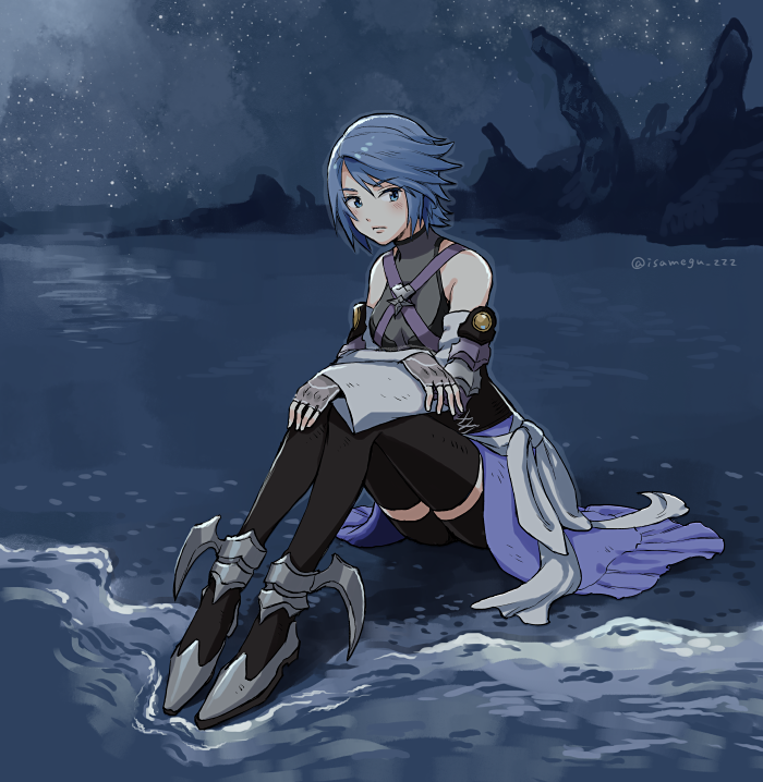 1girl, aqua_(kingdom_hearts), bare_shoulders, beach, black_legwear, blue_eyes, blue_hair, closed_mouth