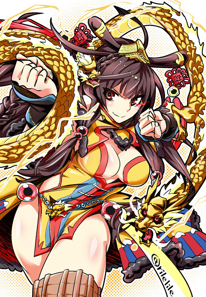 1girl, big_hair, braid, breasts, brown_hair, china_dress, chinese_clothes, cleavage, clenched_hands, commentary_request, dragon, dress, eastern_dragon, fighting_stance, floating_hair, forbidden_city_(oshiro_project), hair_ornament, large_breasts, long_hair, momohara_rile, oshiro_project, oshiro_project_re, red_eyes, side_braid, solo, standing, twin_braids, twitter_username, very_long_hair, white_background