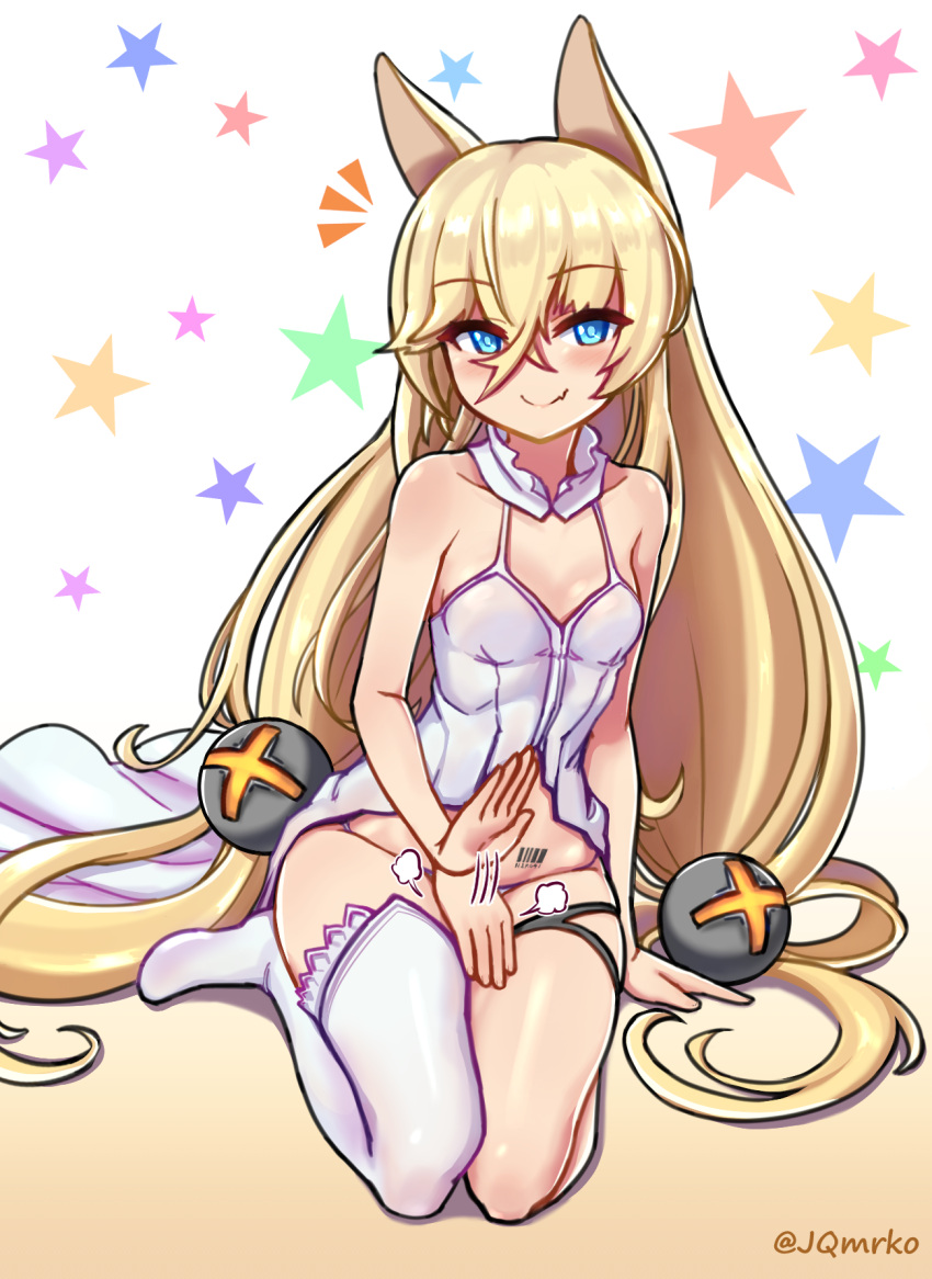 1girl, animal_ears, barcode, barcode_tattoo, blonde_hair, blue_eyes, breasts, commentary_request
