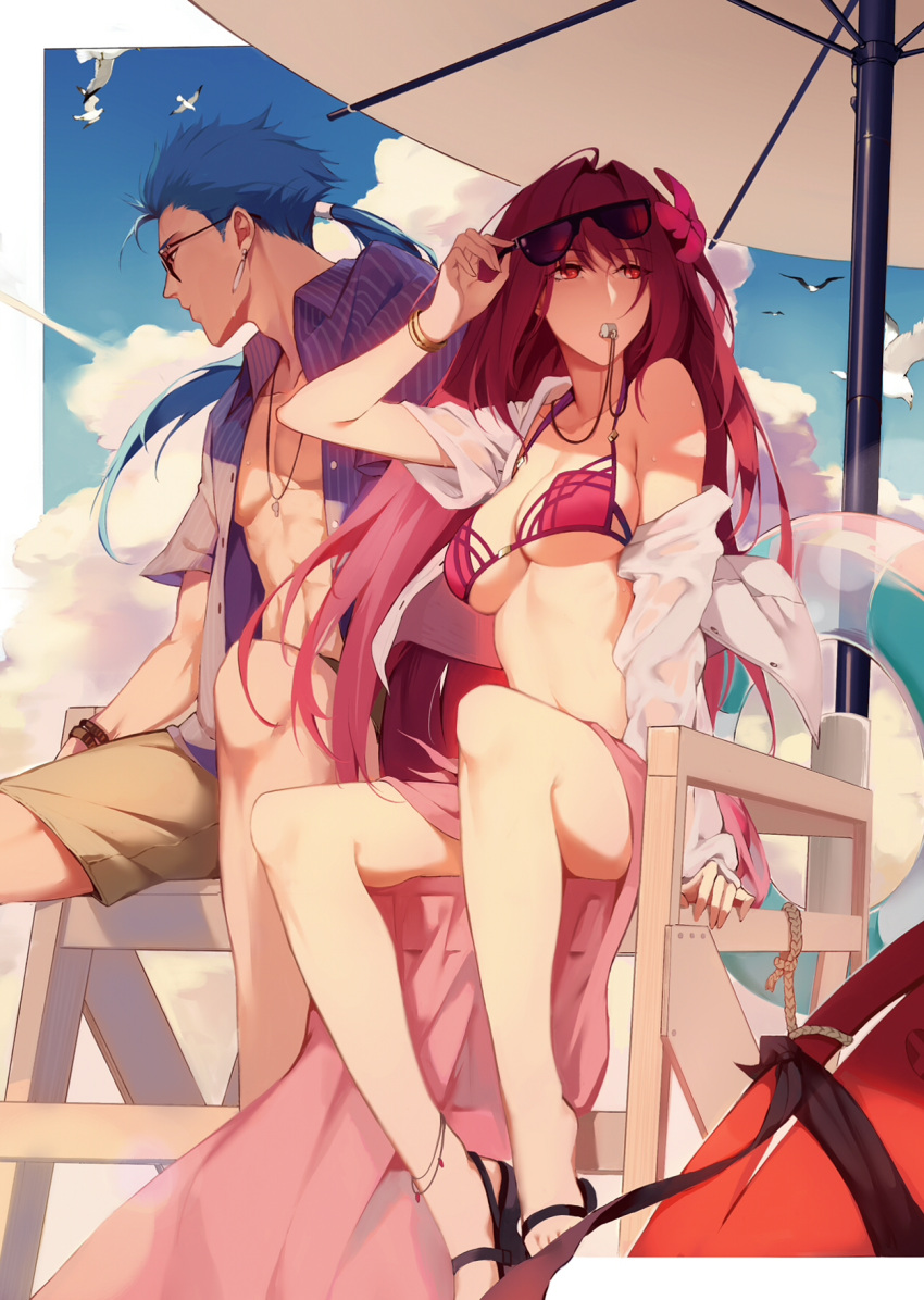 1boy, 1girl, alternate_costume, anklet, beach, beach_umbrella, bikini, bird, blue_hair, blue_sky, bracelet, breasts, buoy, clouds, cloudy_sky, cu_chulainn_(fate)_(all), cu_chulainn_(fate/grand_order), earrings, fate/grand_order, fate/stay_night, fate_(series), flower, hair_flower, hair_intakes, hair_ornament, hibiscus, highres, innertube, jacket, jewelry, lancer, large_breasts, lifeguard_chair, looking_away, looking_to_the_side, navel, off_shoulder, open_clothes, open_shirt, pink_bikini, ponytail, purple_bikini, purple_hair, red_eyes, reroi, sandals, sarong, scathach_(fate)_(all), scathach_(fate/grand_order), scathach_(swimsuit_assassin)_(fate), seagull, shirt, shorts, sky, sunglasses, sweat, swimsuit, umbrella, whistle