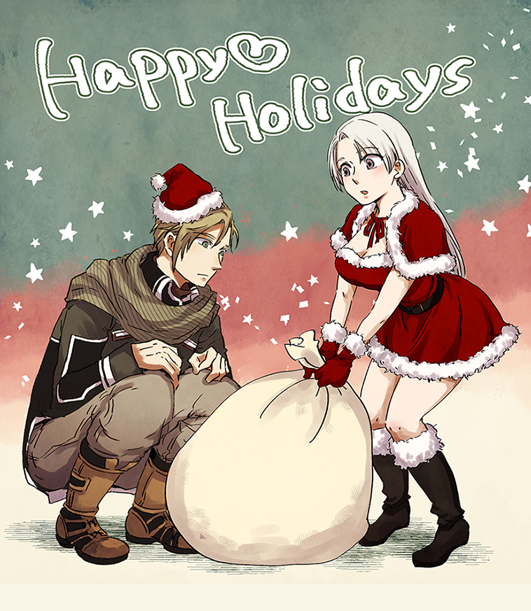 1boy, 1girl, breasts, brown_hair, chris_lightfellow, christmas, cleavage, closed_mouth