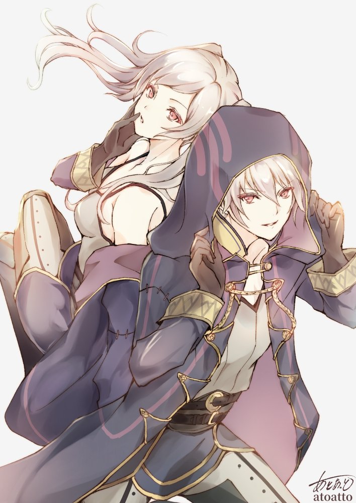 1boy, 1girl, atoatto, back-to-back, bangs, bare_shoulders, belt, black_gloves