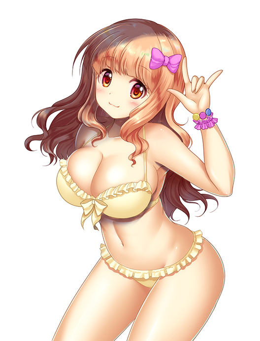 1girl, arm_up, armpits, bikini, blush, breasts, brown_hair, cleavage