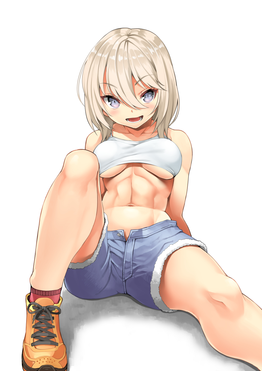 1girl, abs, bare_shoulders, blue_eyes, blush, breasts, camisole, collarbone