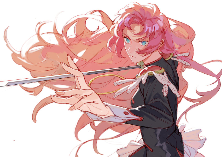 1girl, black_jacket, blue_eyes, closed_mouth, commentary_request, epaulettes, fighting_stance, fingernails