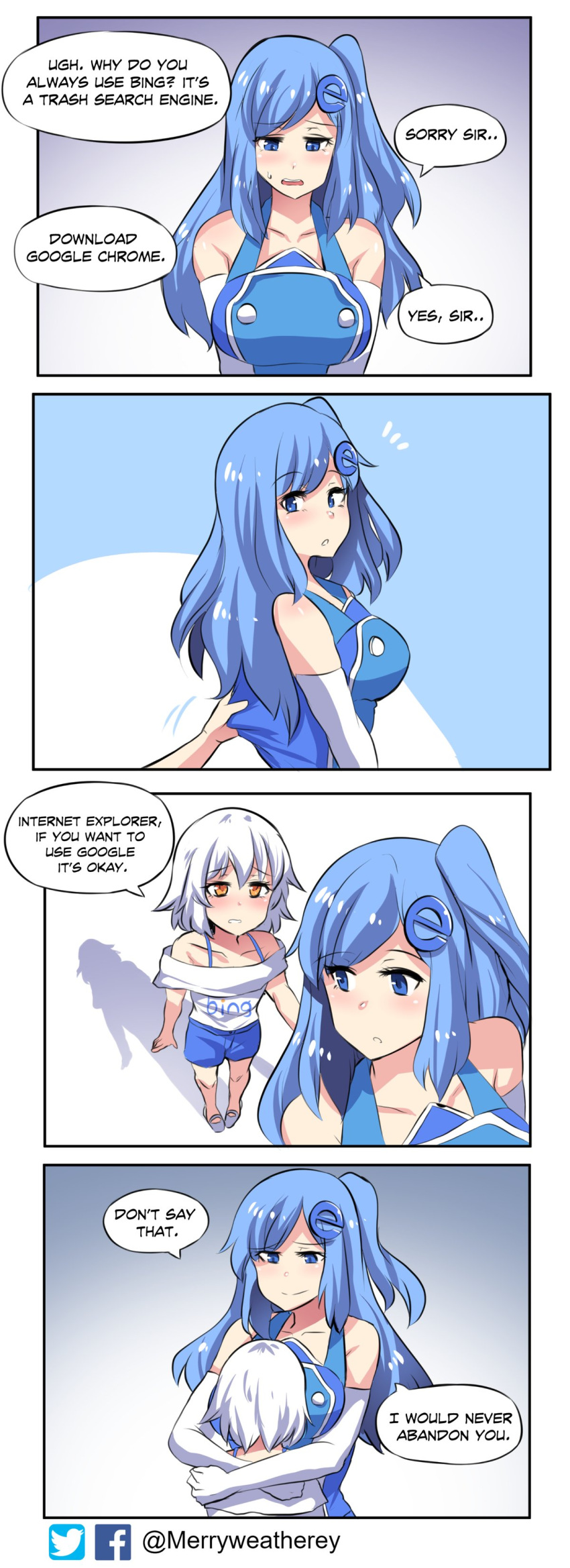 2girls, 4koma, absurdres, blue_eyes, blue_gloves, blue_hair, breasts, comic