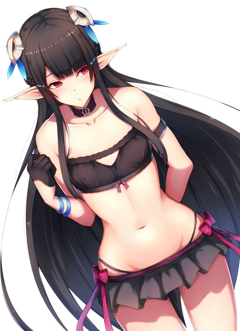 1girl, :/, anette_(pso2), arm_behind_back, arm_strap, bikini, black_bikini, black_gloves
