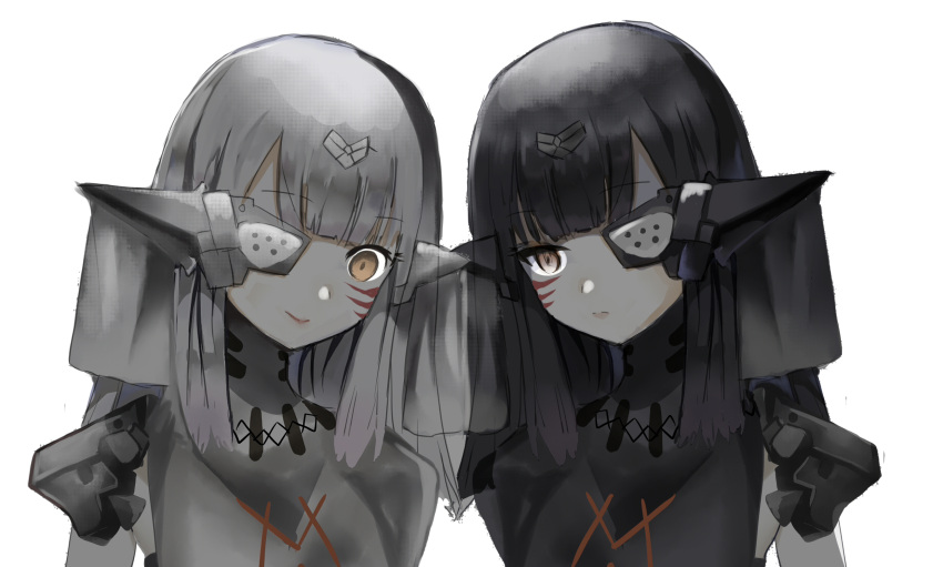 2girls, bangs, black_hair, brown_eyes, closed_mouth, commentary_request, eyebrows_visible_through_hair, eyepatch