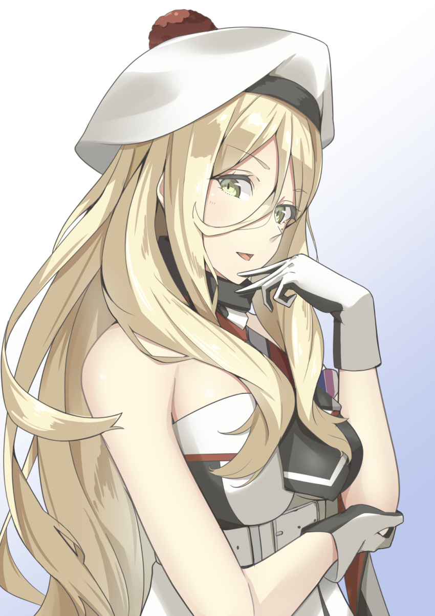 1girl, bangs, bare_shoulders, belt, beret, blonde_hair, blue_eyes, blush