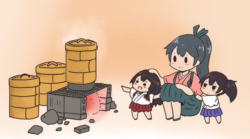 3girls, akagi_(kantai_collection), bamboo_steamer, black_hair, black_hakama, blue_hakama, cinder_block, commentary_request