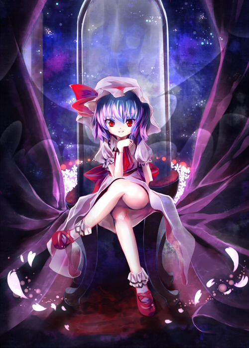 bat_wings, blue_hair, bobby_socks, crossed_legs, hat, looking_at_viewer, mary_janes, petals