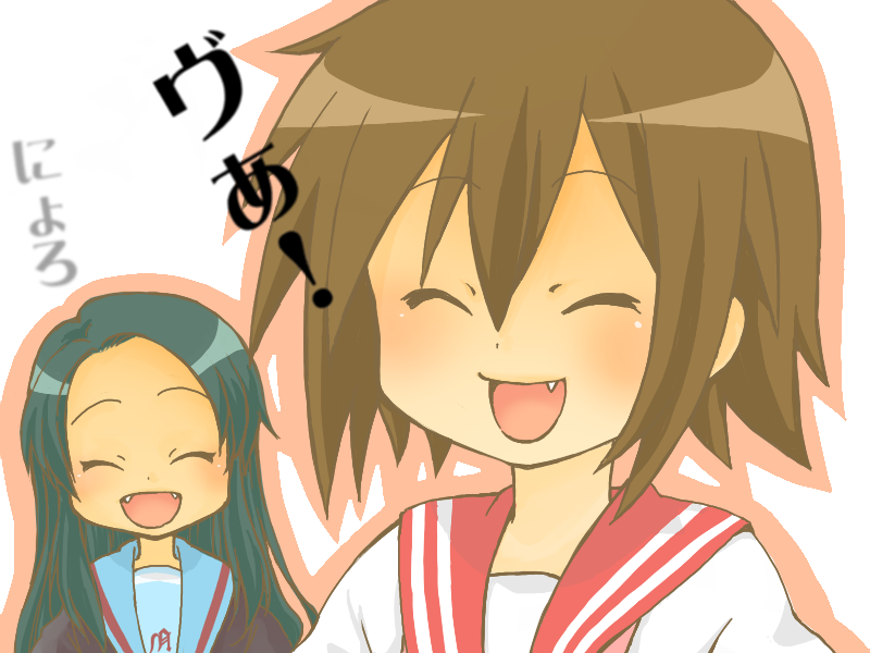 crossover, fang, fangs, green_hair, happy, juusan_(pixiv), kusakabe_misao, long_hair, lucky_star, short_hair, smile, suzumiya_haruhi_no_yuuutsu, tsuruya, va