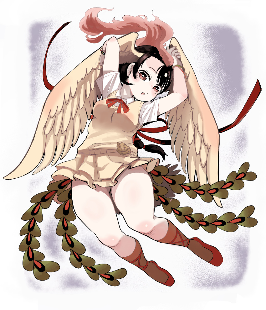 1girl, absurdres, bracelet, breasts, brown_hair, commentary_request, grey_background, hands_up