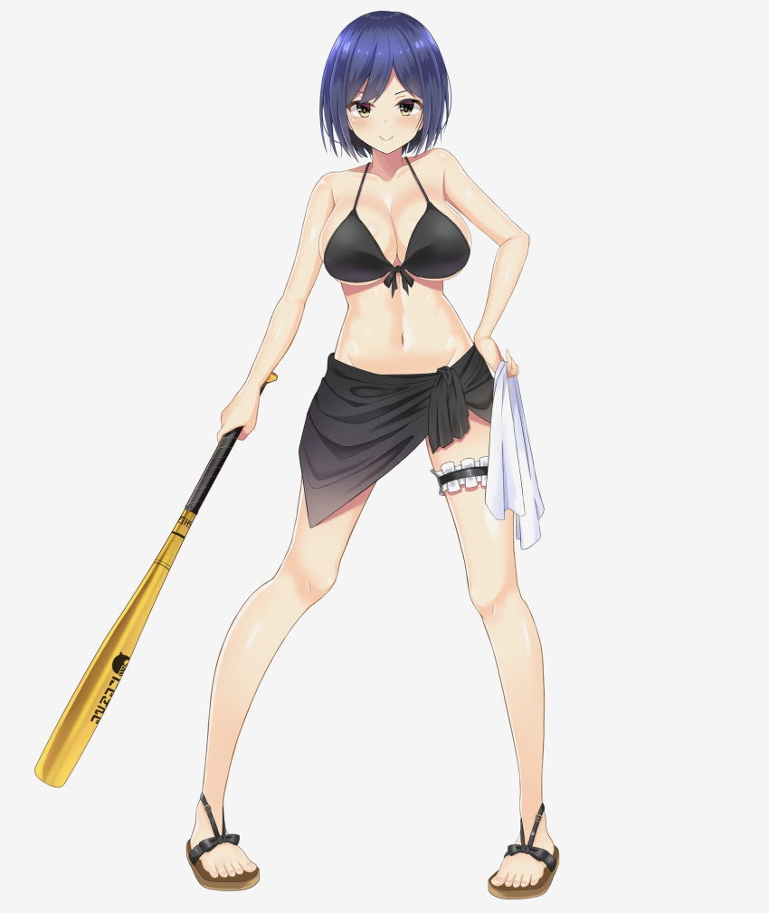 1girl, bat, bikini, black_bikini, blue_hair, breasts, groin, highres, large_breasts, looking_at_viewer, meshiya_(naruga-501-kuaru), navel, nijisanji, sarong, shizuka_rin, short_hair, smile, solo, standing, swimsuit, tagme, thigh_strap, virtual_youtuber, white_background, yellow_eyes