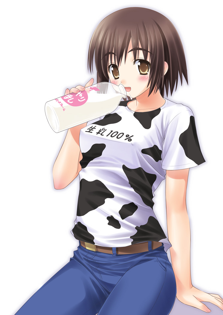 bob_cut, brown_eyes, brown_hair, cow_print, drinking, goma_satoshi, milk, short_hair