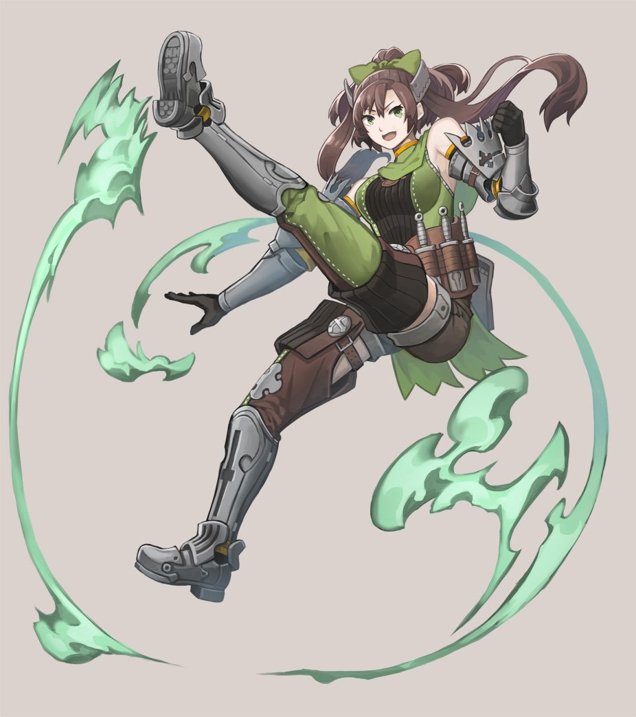 1girl, :d, boots, bow, brown_hair, commentary_request, copyright_request, floating_hair