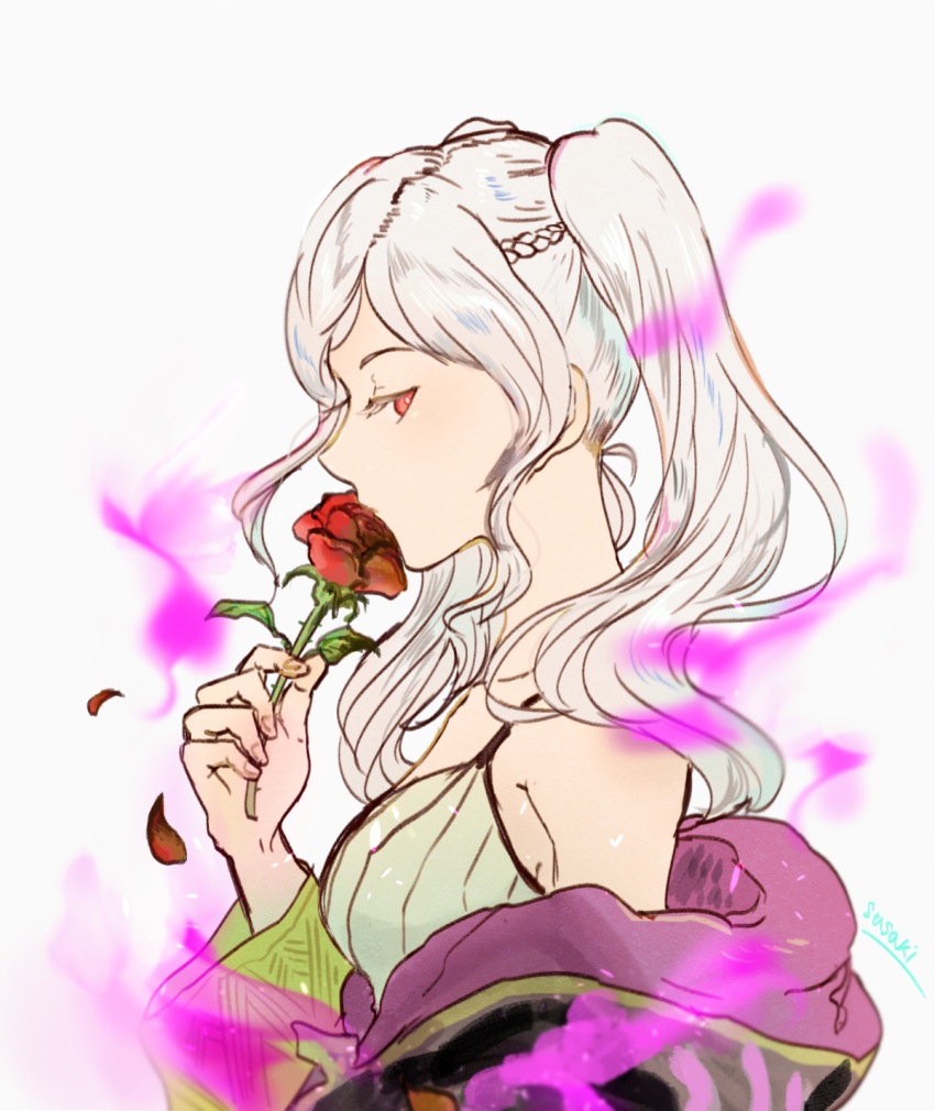 1girl, artist_name, aura, dark_aura, female_my_unit_(fire_emblem:_kakusei), fire_emblem, fire_emblem:_kakusei, fire_emblem_heroes, flower, from_side, gimurei, highres, holding, holding_flower, my_unit_(fire_emblem:_kakusei), nintendo, petals, red_eyes, sasaki_(dkenpisss), simple_background, solo, twintails, white_background, white_hair