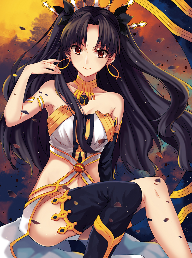 1girl, arm_strap, asymmetrical_legwear, asymmetrical_sleeves, black_bow, black_hair, black_legwear, bow, breasts, choker, cleavage, collarbone, detached_sleeves, earrings, eyebrows_visible_through_hair, fate/grand_order, fate_(series), floating_hair, hair_bow, invisible_chair, ishtar_(fate/grand_order), jewelry, long_hair, looking_at_viewer, medium_breasts, midriff, mysterymiharu, navel, red_eyes, sitting, smile, solo, stomach, strapless, thigh-highs, tohsaka_rin, twintails, very_long_hair