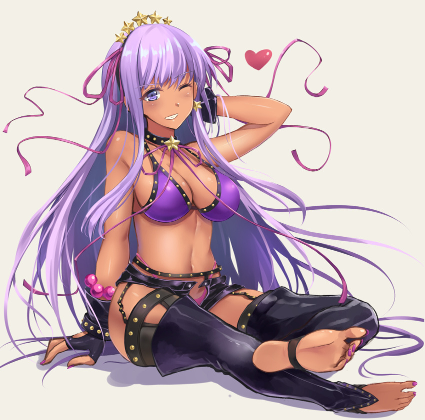 1girl, ;), a-na, arm_support, barefoot, bb_(fate)_(all), bb_(swimsuit_mooncancer)_(fate), black_gloves