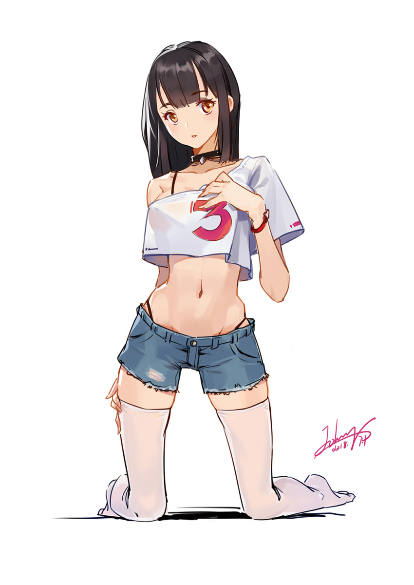 1girl, :o, bangs, black_bra, black_collar, black_hair, black_panties, blue_shorts, bra, breasts, brown_eyes, collarbone, covered_nipples, crop_top, crop_top_overhang, cutoffs, dated, denim, denim_shorts, full_body, highleg, highleg_panties, highres, johnny_koala, kneeling, long_hair, looking_at_viewer, medium_breasts, midriff, navel, off_shoulder, original, panties, parted_lips, shorts, signature, single_bare_shoulder, solo, thigh-highs, underwear, watch, watch, white_legwear
