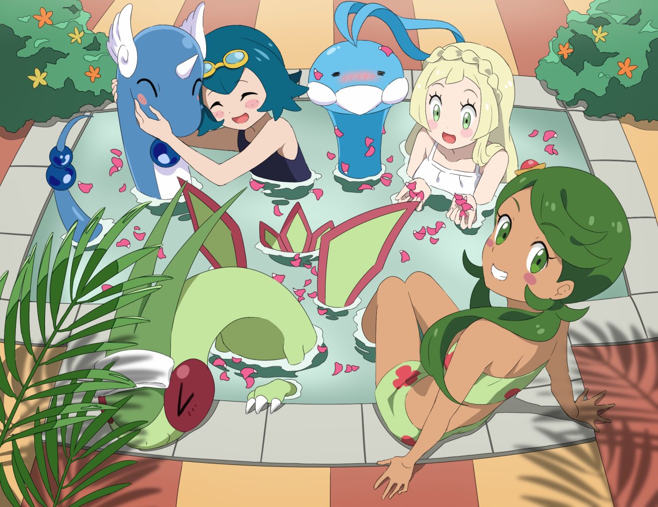 3girls, altaria, bikini, blonde_hair, blue_hair, blush, blush_stickers, braid