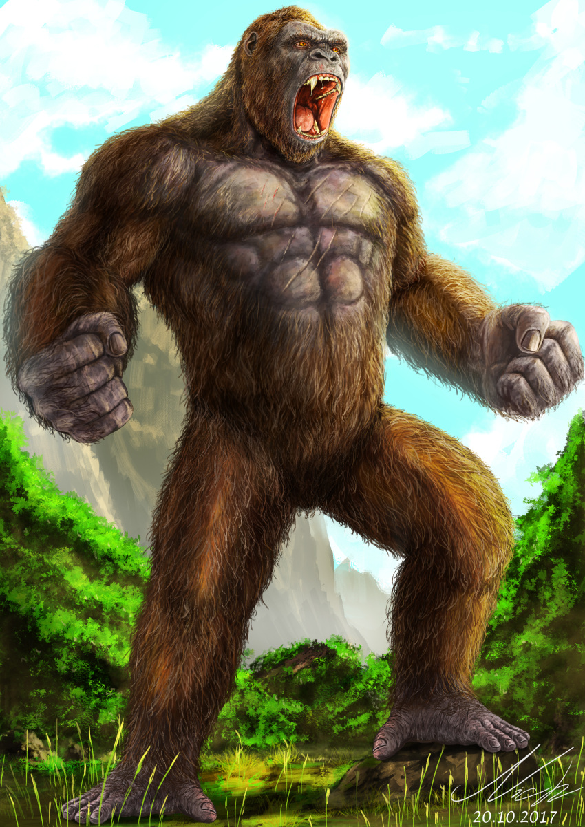 absurdres, animal, brown_fur, facial_scar, fangs, giant, gorilla, grey_skin