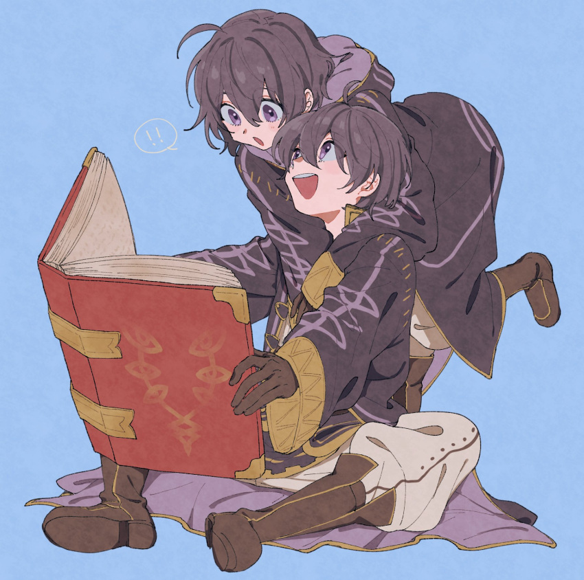 1boy, 1girl, black_hair, blue_background, book, brown_gloves, fire_emblem, fire_emblem:_kakusei