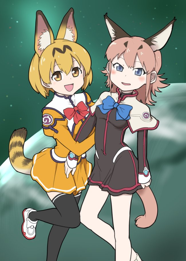 alternate_costume, animal_ears, blonde_hair, bow, bowtie, caracal_(kemono_friends), caracal_ears, caracal_tail