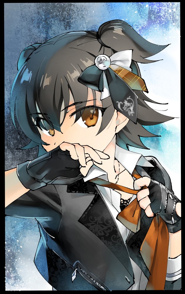 1girl, akagi_miria, bangs, black_gloves, black_hair, blazer, border, bow