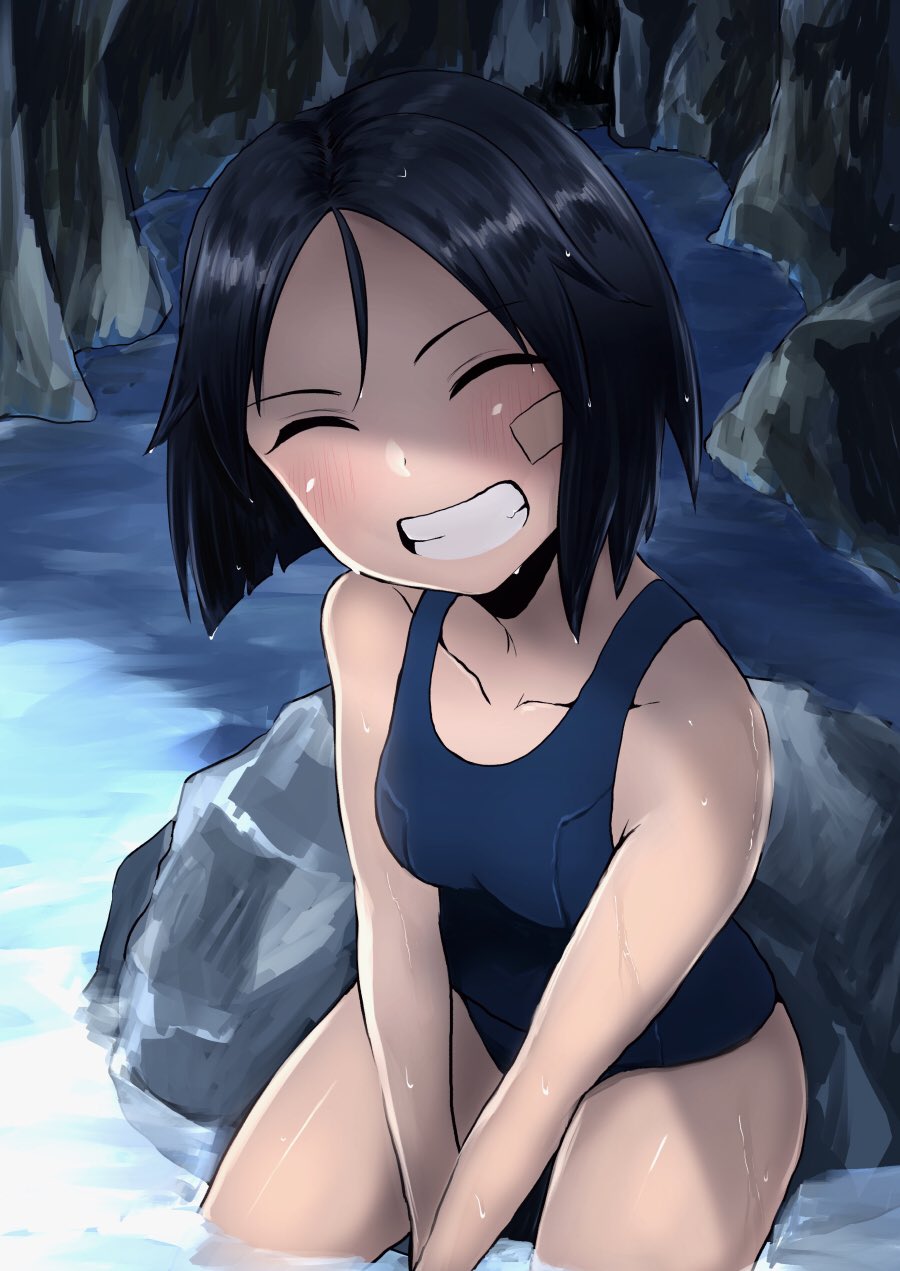 1girl, bandage_on_face, bangs, between_legs, black_hair, blush, brave_witches, cave, closed_eyes, hand_between_legs, highres, hora_liar, kanno_naoe, rock, school_swimsuit, short_hair, sitting_on_rock, smile, solo, swept_bangs, swimsuit, teeth, wet, world_witches_series