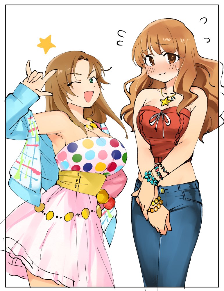 2girls, :3, \m/, armpits, bangs, bare_shoulders, bead_bracelet, beads, blush, bracelet, breasts, brown_eyes, brown_hair, cardigan, cleavage, cosplay, costume_switch, denim, embarrassed, eyebrows_visible_through_hair, flying_sweatdrops, green_eyes, hair_down, idolmaster, idolmaster_cinderella_girls, jeans, jewelry, large_breasts, long_hair, matsumoto_sarina, midriff, miridereningen, moroboshi_kirari, multiple_girls, off_shoulder, one_eye_closed, open_cardigan, open_clothes, pants, pendant, polka_dot, simple_background, skirt, standing, star, strapless, tubetop, wavy_hair, white_background