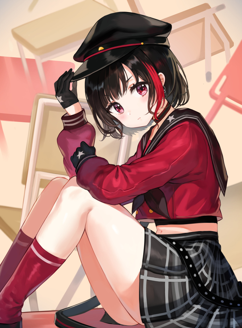 1girl, absurdres, adjusting_clothes, adjusting_hat, bang_dream!, bangs, black_gloves, black_hair