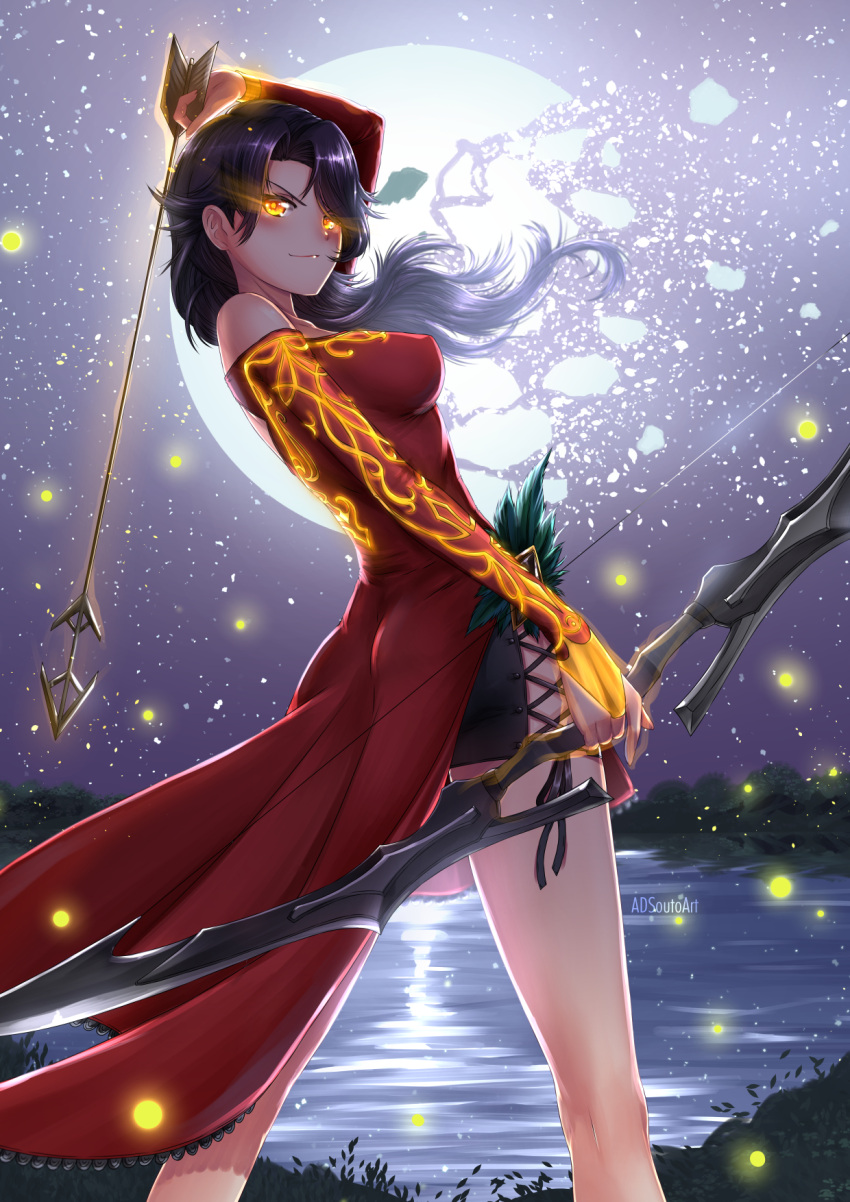 1girl, adsouto, arrow, artist_name, bare_shoulders, black_hair, bow_(weapon), breasts