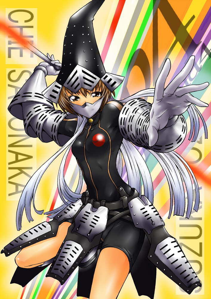 armor, bodysuit, brown_eyes, cosplay, faulds, gloves, japanese_clothes, mask, multicolored_hair, persona, persona_4, satonaka_chie, segami_daisuke, solo, suzuka_gongen, suzuke_gougen, vambraces