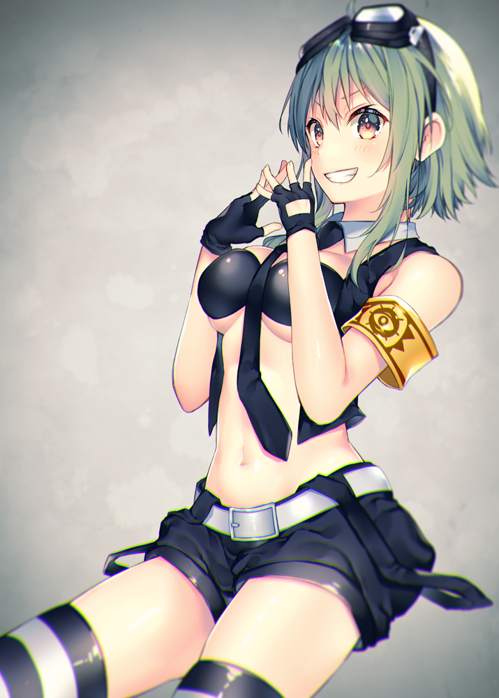 1girl, armband, bangs, bare_shoulders, belt_buckle, black_gloves, black_neckwear, black_shorts