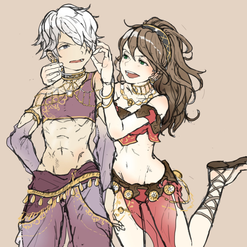 1boy, 1girl, abs, angry, bracelet, brown_hair, circlet, dancer