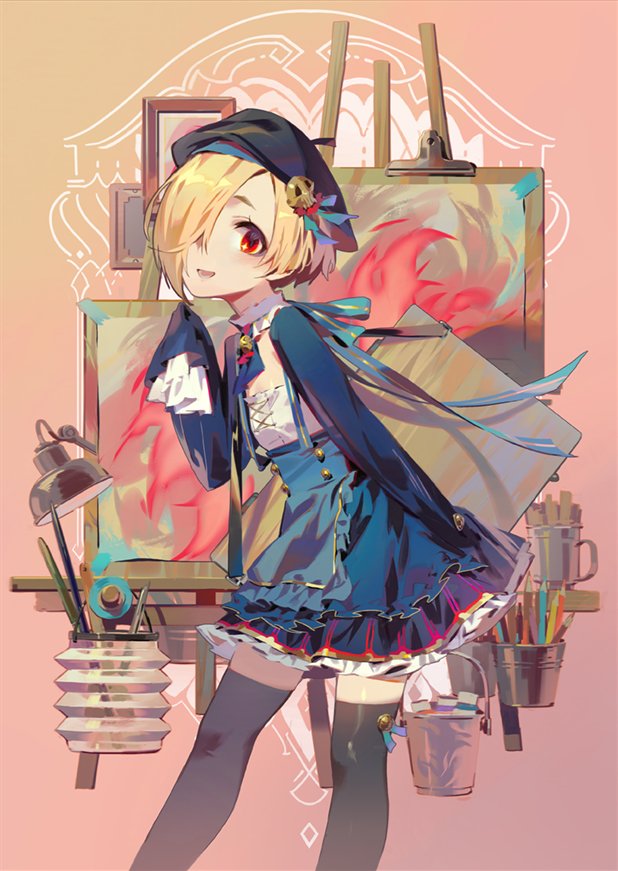 1girl, apron, art_supplies, ascot, asymmetrical_hair, beret, black_legwear, blonde_hair, bucket, colored_pencil, commentary_request, detached_collar, easel, frilled_skirt, frilled_sleeves, frills, hair_ornament, hair_over_one_eye, hat, idolmaster, idolmaster_cinderella_girls, jofang, lamp, long_sleeves, looking_at_viewer, lower_teeth, painting_(object), pencil, red_eyes, shirasaka_koume, short_eyebrows, skirt, skull_hair_ornament, sleeves_past_wrists, smile, solo, standing, suspenders, thigh-highs
