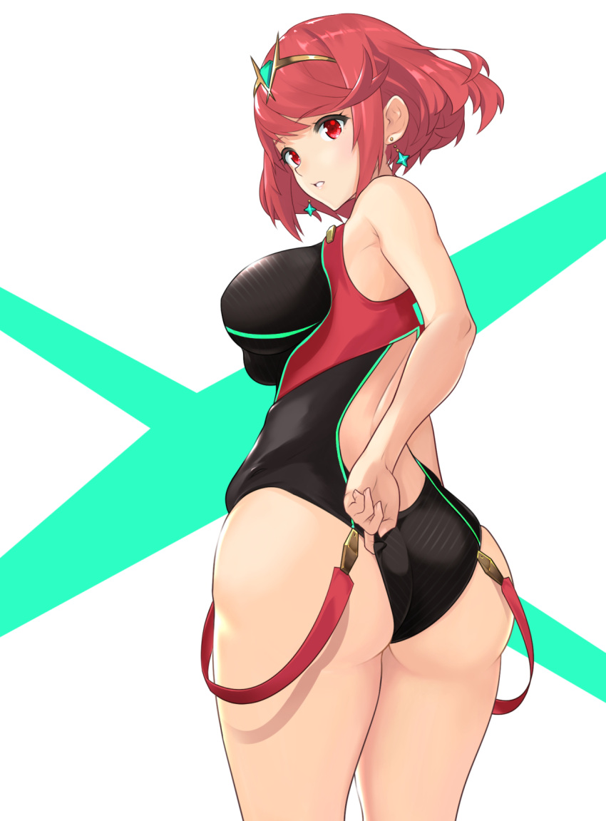 1girl, ass, bangs, breasts, competition_swimsuit, cowboy_shot, dollinger, earrings, eyebrows_visible_through_hair, from_behind, highres, pyra_(xenoblade), jewelry, large_breasts, looking_back, nintendo, one-piece_swimsuit, parted_lips, red_eyes, redhead, short_hair, solo, swept_bangs, swimsuit, swimsuit_pull, thighs, tiara, xenoblade_(series), xenoblade_2