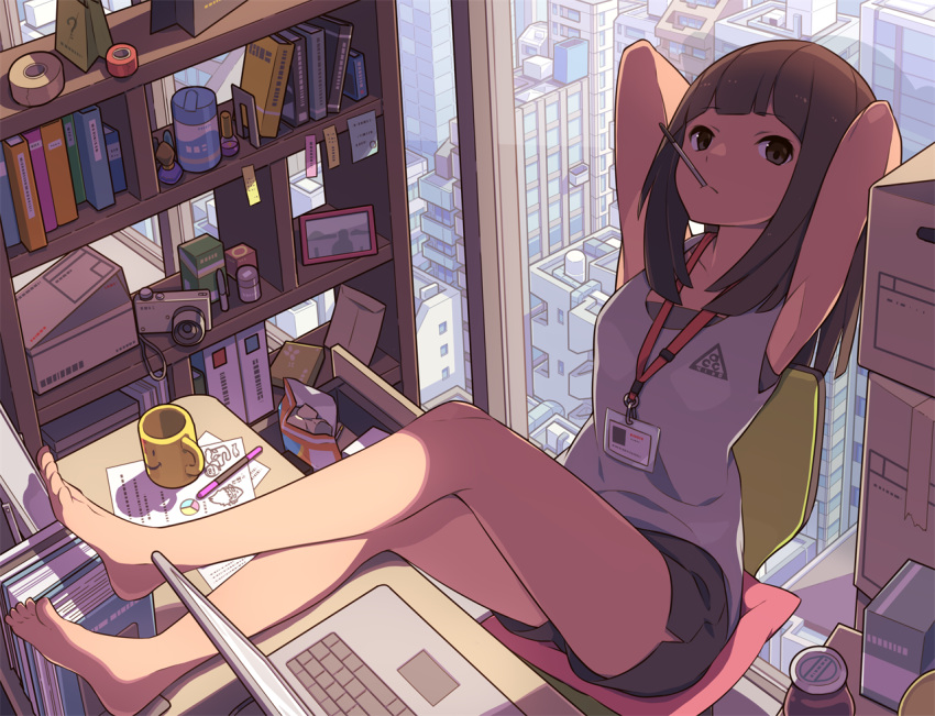 1girl, armpits, arms_behind_head, arms_up, bag_of_chips, bandeau, bangs, bare_arms
