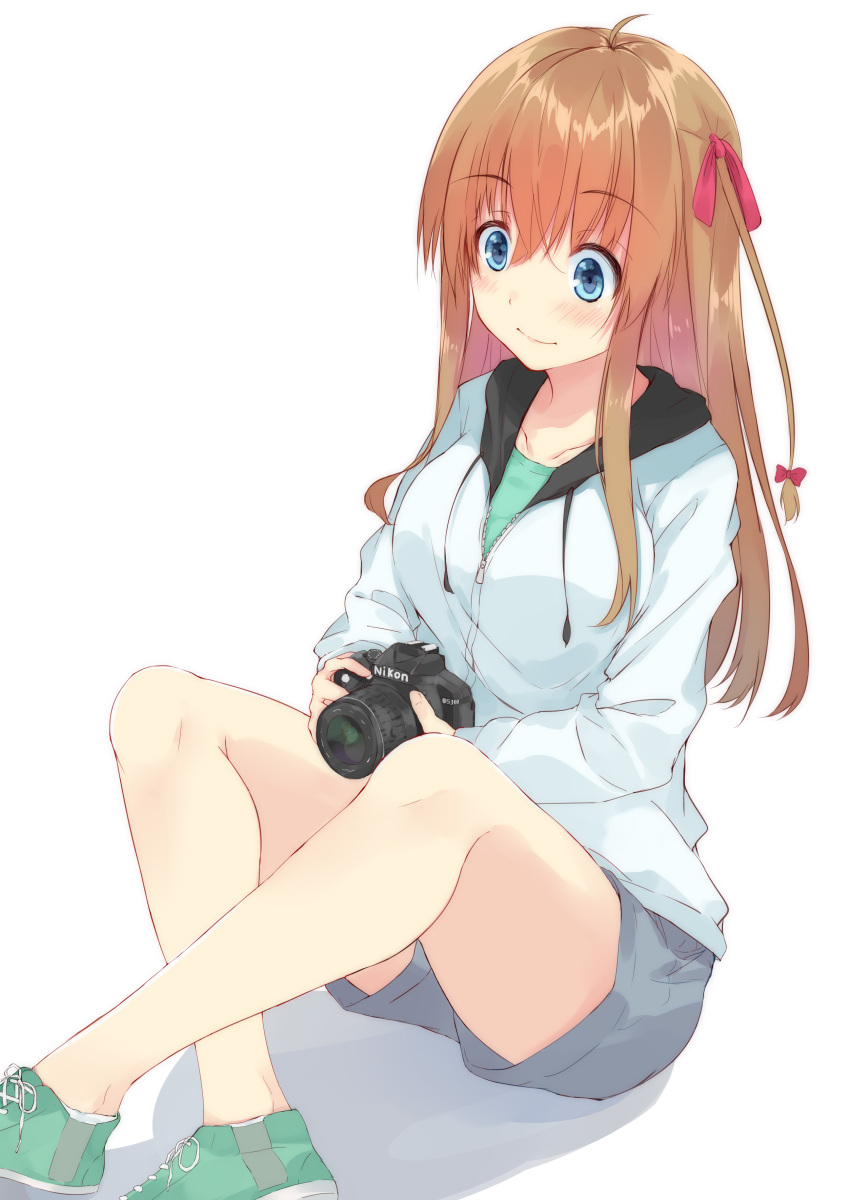 1girl, absurdres, ahoge, bangs, blue_eyes, blush, bow, breasts, brown_hair, camera, collarbone, commentary_request, eyebrows_visible_through_hair, hair_between_eyes, hair_bow, hair_ribbon, highres, holding, holding_camera, hood, hoodie, knees_up, large_breasts, legs_crossed, long_hair, long_sleeves, looking_at_viewer, nakadadaichi, nikon_(company), original, product_placement, ribbon, shadow, shoes, shorts, sidelocks, simple_background, sitting, smile, sneakers, solo, white_background, zipper