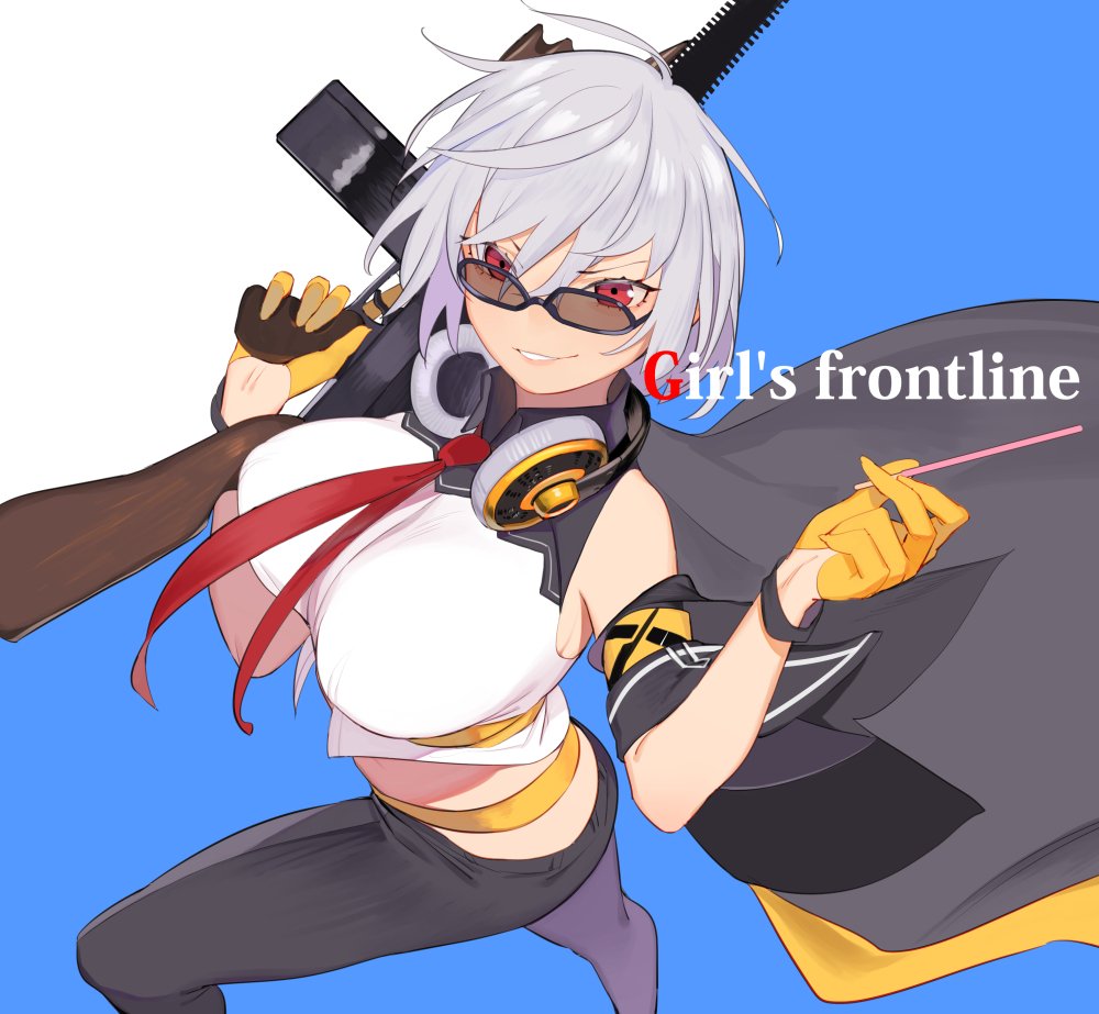 1girl, bangs, black_pants, blue_background, breasts, collared_shirt, commentary, copyright_name, crop_top, food, girls_frontline, gloves, grey_hair, gun, headphones, headphones_around_neck, holding, holding_gun, holding_weapon, jacket, juz, large_breasts, lips, looking_at_viewer, midriff, necktie, off_shoulder, pants, pocky, red_eyes, red_neckwear, shirt, short_hair, simple_background, sleeveless, sleeves_folded_up, smirk, solo, strawberry_pocky, sunglasses, thompson_submachine_gun_(girls_frontline), weapon, yellow_gloves