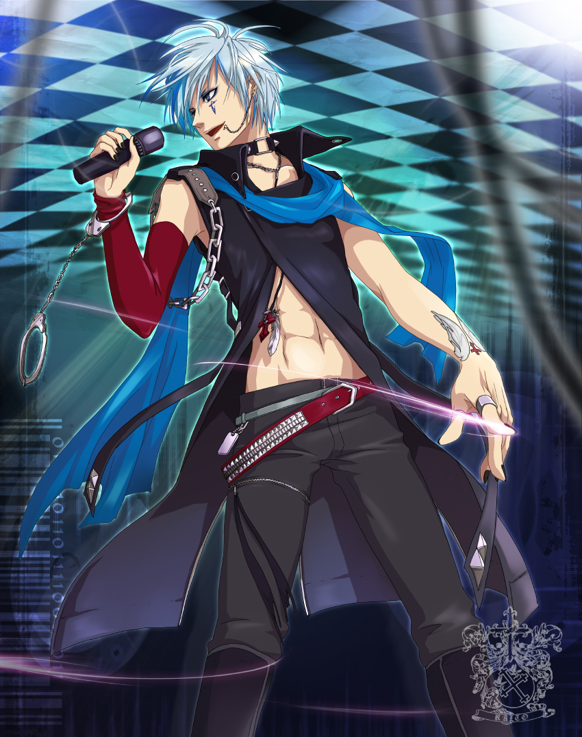 1boy, alternate_costume, blue_eyes, chain, chains, checkerboard, checkered, cuffs