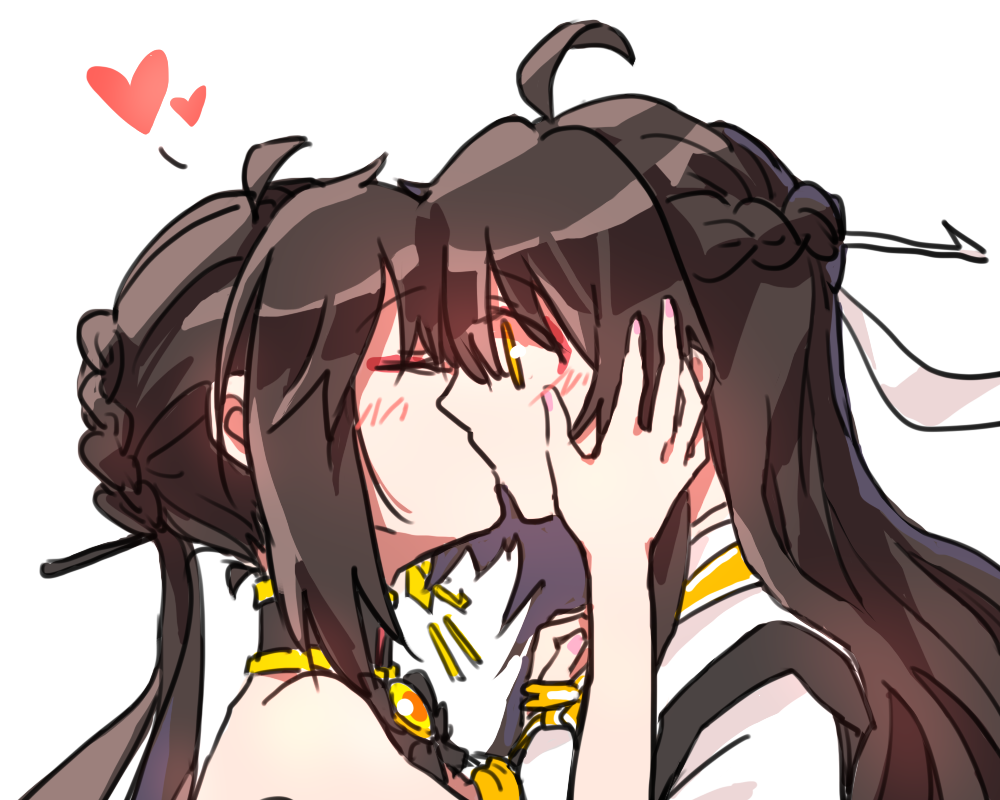 2girls, ahoge, ara_han, black_hair, blush, closed_eyes, elsword, grabbing, hair_ornament, hairpin, heart, hua_ge_pi, kiss, long_hair, multiple_girls, sakra_devanam_(elsword), yama_raja_(elsword), yellow_eyes, yuri