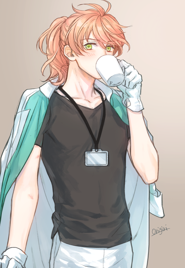 1boy, black_shirt, blush, chaldea_uniform, cup, drinking, drinking_glass, fate/grand_order