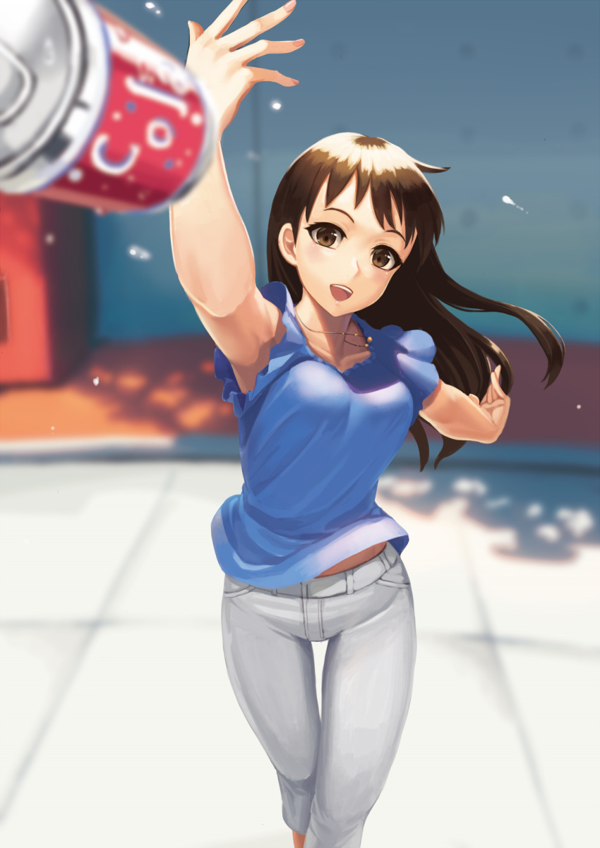 1girl, :d, arm_up, bangs, blue_shirt, blurry, blurry_background, blurry_foreground, breasts, brown_eyes, brown_hair, can, collarbone, commentary_request, day, denim, depth_of_field, fingernails, floating_hair, head_tilt, highres, jeans, jewelry, long_hair, looking_at_viewer, medium_breasts, necklace, onee-san_(penguin_highway), open_mouth, outdoors, outstretched_arm, panties, pants, penguin_highway, ranma_(kamenrideroz), shiny, shiny_hair, shirt, short_sleeves, smile, soda_can, solo, standing, sunlight, thigh_gap, throwing, tree_shade, underwear, upper_teeth, vending_machine, white_pants