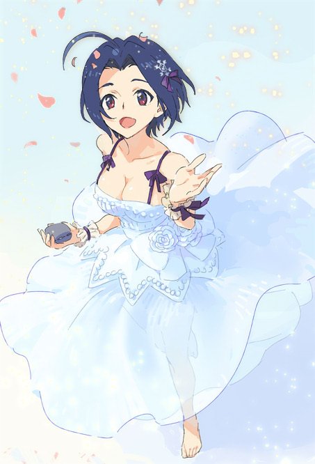 1girl, breasts, cleavage, commentary_request, dress, feet, hanakuso, idolmaster