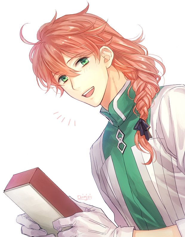 /\/\/\, 1boy, ahoge, box, braid, chaldea_uniform, dutch_angle, fate/grand_order
