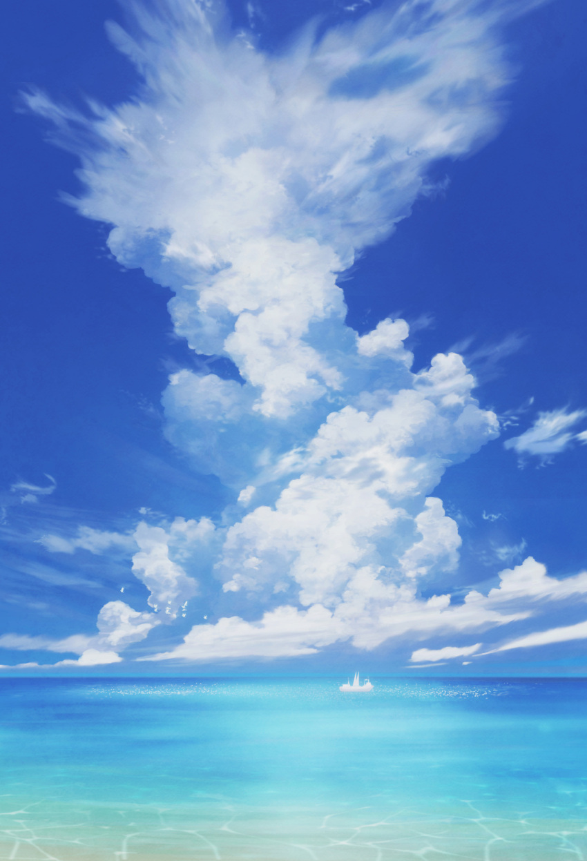 boat, clouds, day, derivative_work, hatsuame, highres, no_humans, ocean