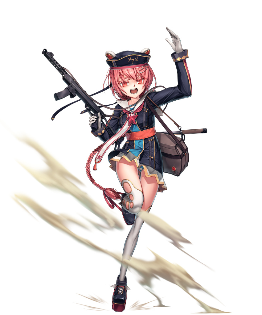 1girl, absurdres, angry, black_jacket, braid, clothes_writing, french_braid, full_body, girls_frontline, gloves, hair_ornament, hairclip, hat, highres, holding, holding_weapon, jacket, long_braid, long_hair, long_sleeves, miniskirt, panties, pantyshot, pantyshot_(standing), pink_eyes, pink_hair, platform_footwear, pleated_skirt, pps-43, pps-43_(girls_frontline), randle, red_star, sailor_collar, sash, screaming, single_braid, skirt, solo, standing, standing_on_one_leg, star, thigh-highs, underwear, very_long_hair, weapon, white_background, white_gloves, white_legwear, white_sailor_collar, white_skirt, wind
