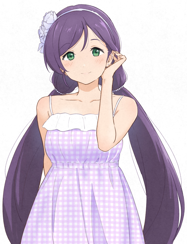 1girl, blush, collarbone, dress, earrings, eyebrows_visible_through_hair, flower, green_eyes